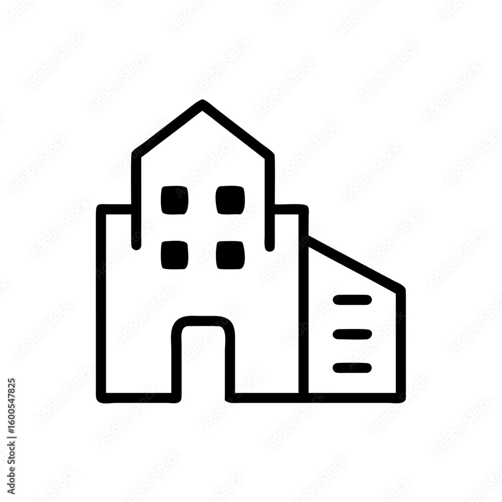 Poster simple line drawing of a building with a peaked roof and a side structure with horizontal lines