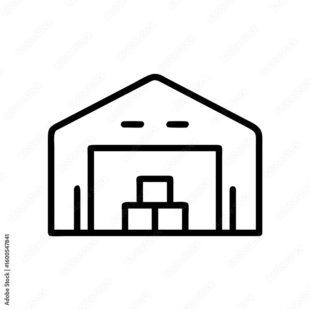 Poster illustration of a warehouse with stacked boxes inside and a simple line art style design for logisti