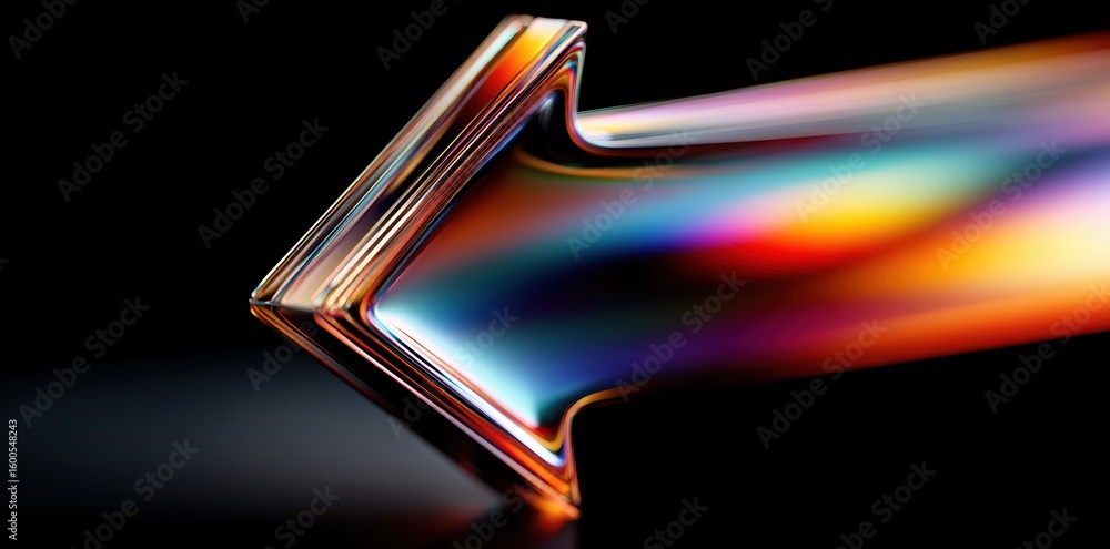 Poster abstract background with iridescent holographic arrow shining with multicolored light beams on dark 