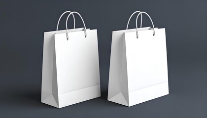 Two Blank White Paper Shopping Bags On A Gray Background, Blank Mockup 