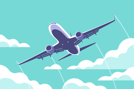 Airplane gaining altitude between clouds. Travel and vacation time. Vector illustration in a minimalistic style.