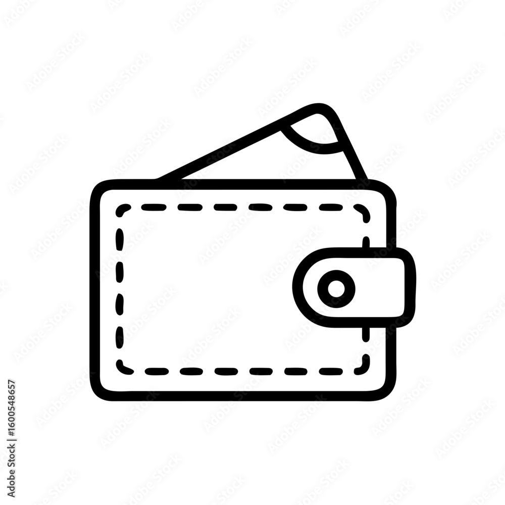 Poster illustration of a closed wallet with a flap and a button in black outline style on a white backgroun
