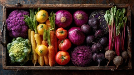 Wooden crate filled with colorful assortment of fresh vegetables including cauliflower, carrots, tomatoes, onions, red cabbage, and beets during daytime