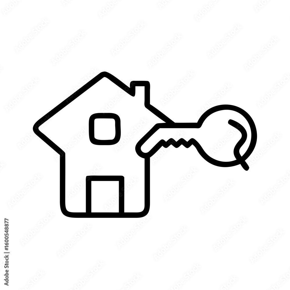 Poster outline drawing of a house with a square window and a key to the right side of the house icon