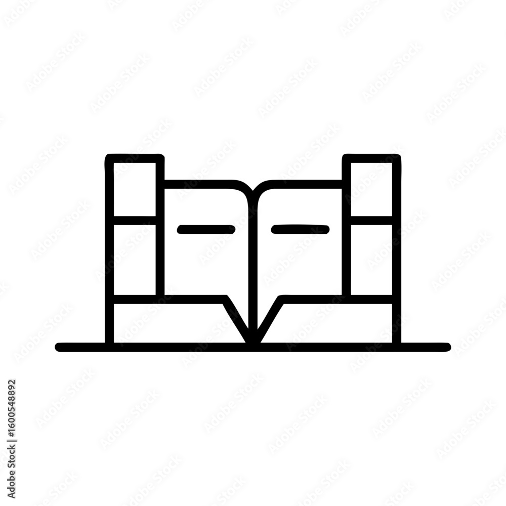 Poster illustration of two open books side by side with a simple line drawing style and a horizontal base l