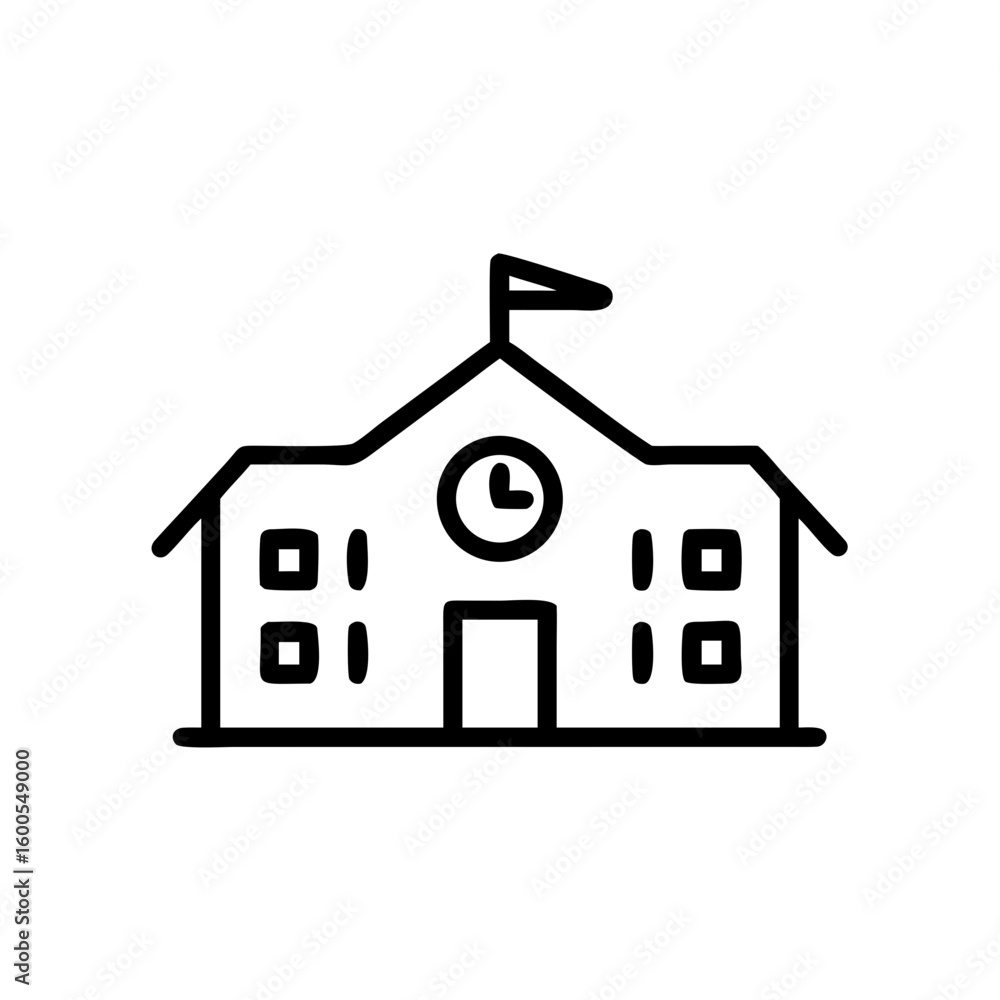 Poster outline style drawing of a school building with a clock and a flag on top of the roof structure