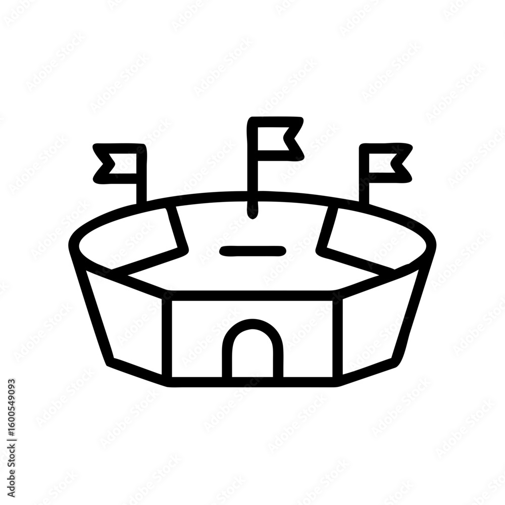 Poster outline drawing of a stadium with three flags on top and an arched entrance at the front center view