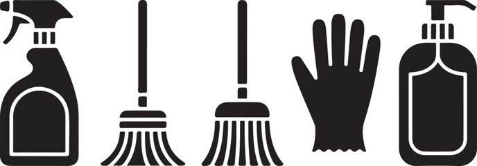 Cleaning supplies including spray bottle brooms glove and soap dispenser vector