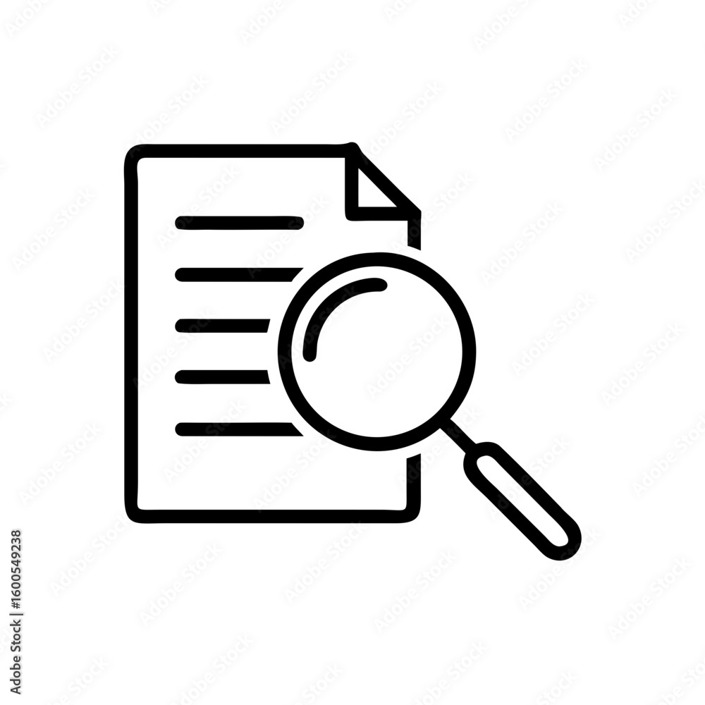 Poster illustration of a document with horizontal lines and a magnifying glass for search and analysis work