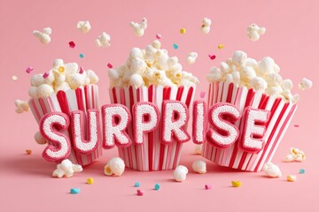 Popcorn buckets and surprise lettering exploding on pink background