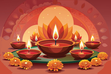 Diwali Greeting Card Design with Cat Illustration and Festive Background Elements