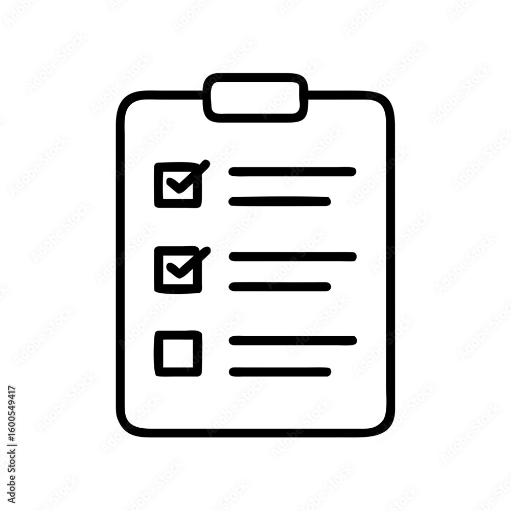 Poster checklist on clipboard with check marks and empty box in black and white line drawing style graphic 