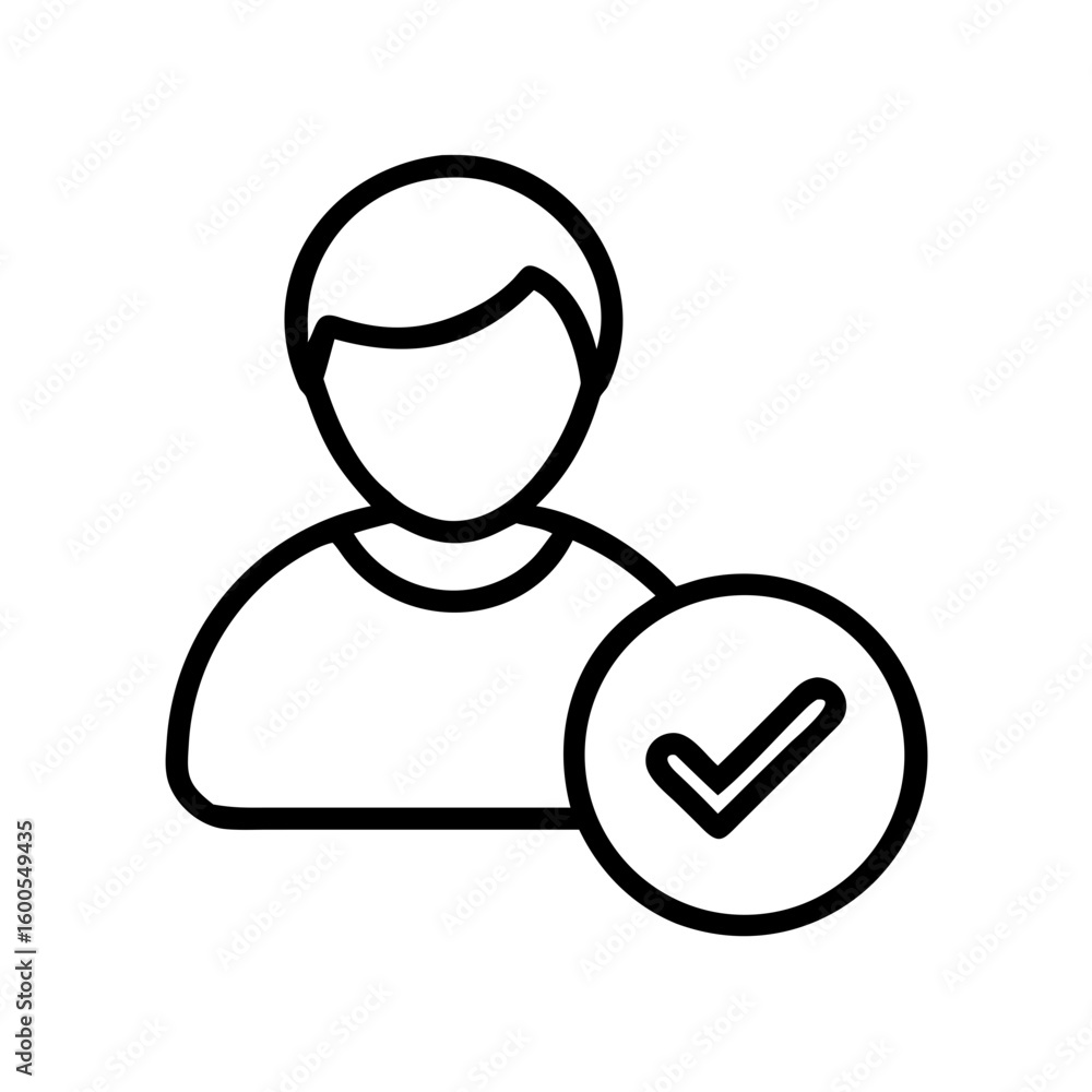 Poster outline icon of a person with a check mark inside a circle indicating approved or verified profile 1
