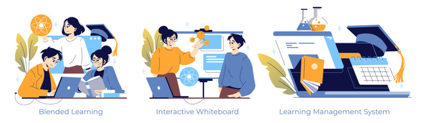 Blended Learning and Interactive Education Vector Illustration