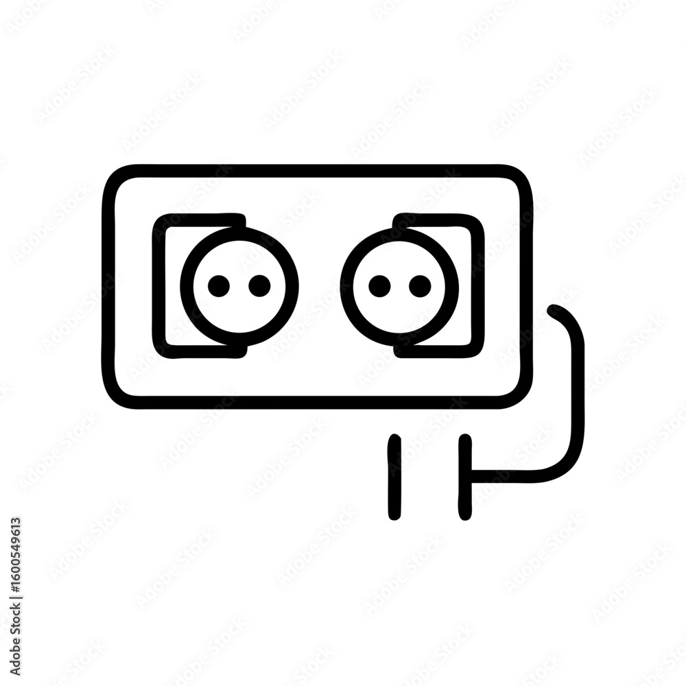 Poster illustration of a double electrical outlet with a visible cord on a white background design element