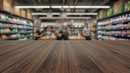 Obraz premium Blurred supermarket interior with grocery shelves filled with products in background and wooden table surface in foreground.