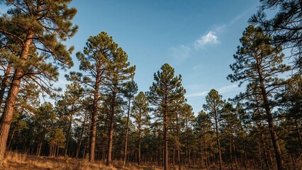 Obraz premium Sunlit Pine Trees in Late Autumn