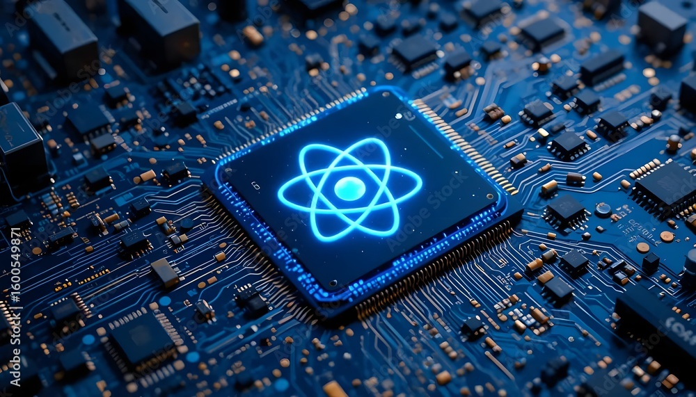 Poster modern futuristic glowing computer chip with atom symbol displays advanced technology concepts now