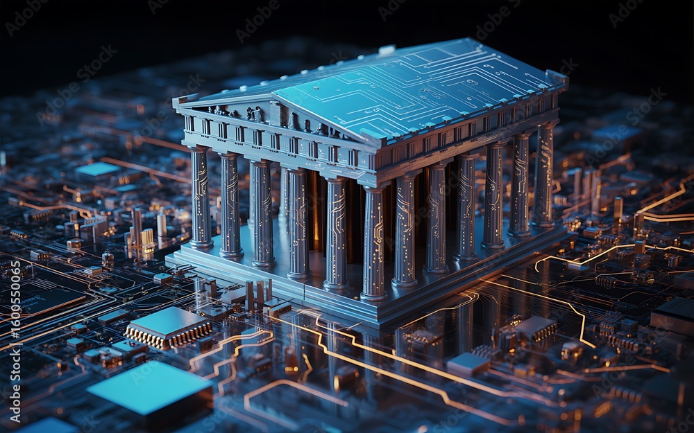 Poster ancient temple structure with digital circuit board patterns technology architecture