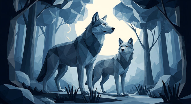 Geometric Wolves in a Forest Glade: A Low Poly Illustration of Wildlife Serenity