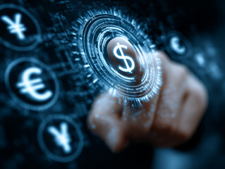 Digital interface displays various currency symbols, including dollar, euro, and yen, with hand interacting with holographic display, symbolizing modern financial technology