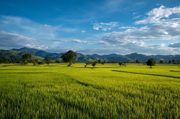 Fototapeta premium A large rice field, green grass, wide-angle lens, bright sunshine, green background