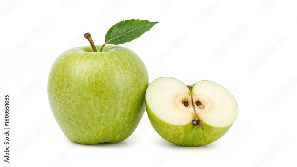 Poster fresh green apple fruit with visible texture and a half section displayed separately on a white back