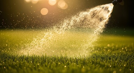 Golden hour sunlight illuminates water spraying on lush green grass close up