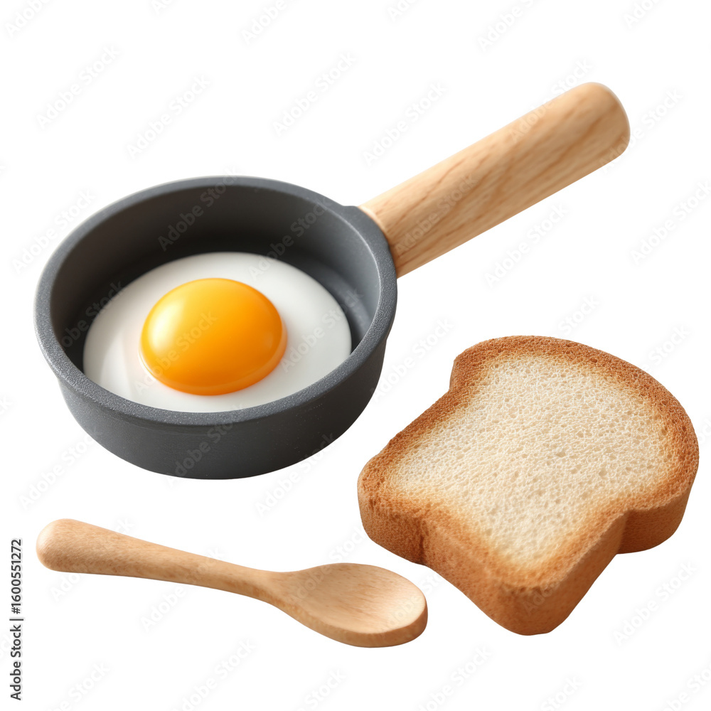 Poster fried egg in small pan with slice of bread and wooden spoon, creating simple breakfast scene. perfec