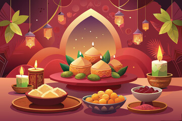 Festive Diwali Dog Illustration with Traditional Elements and Colorful Background