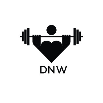Minimalist DNW Logo with Dumbbell and Strong Arm Silhouette - Fitness Icon Design. DNW Letter Logo.
