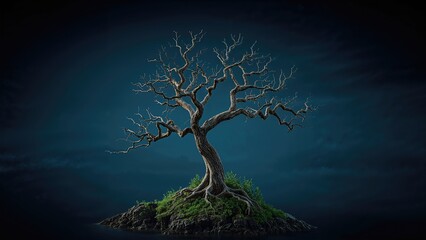 Dreamlike solitary tree on an island set on a dark blue gradient canvas. Photo