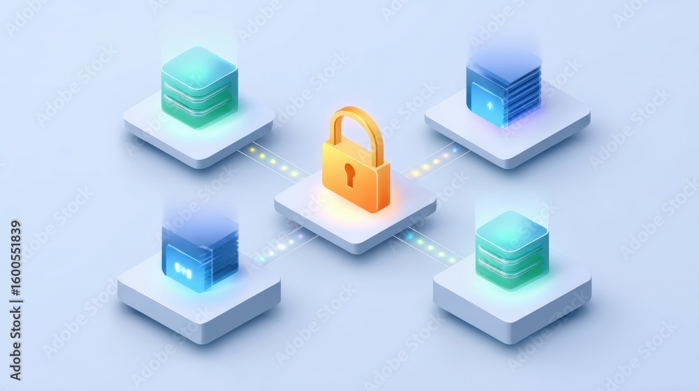 Poster secure data technology concept showing central padlock on decentralized network. an isometric illust
