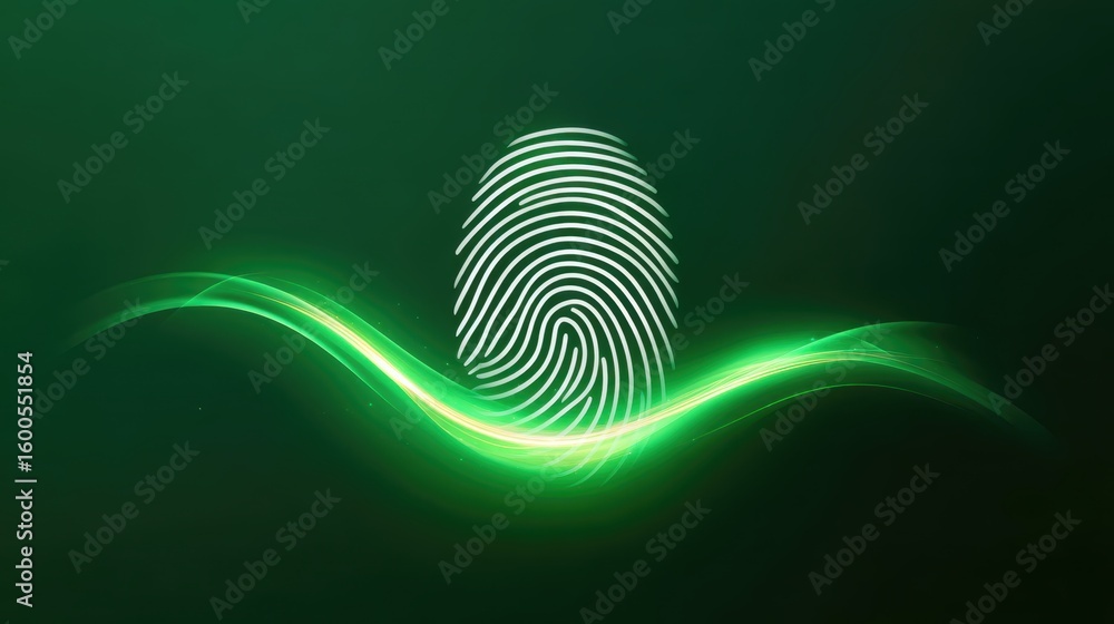 Poster glowing green fingerprint for biometric identification represents futuristic security technology. th