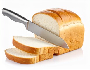 "Dynamic shot of a serrated knife slicing through a soft, fluffy white bread loaf. Isolate the action on a clean white background. Use vibrant yet natural food tones. Exceptionally sharp focus, cinema