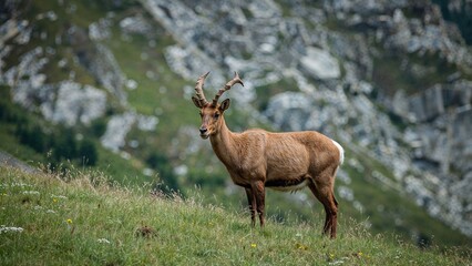 Obraz premium Tatra Chamois in alpine meadow during summer with rocky backdrop