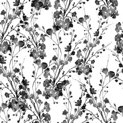 Black and white flowers and leaves. Boho chic floral seamless pattern, endless motif in watercolour and digital. Mixed media botanical design for textile, fabric, packaging, decoupage, souvenirs.