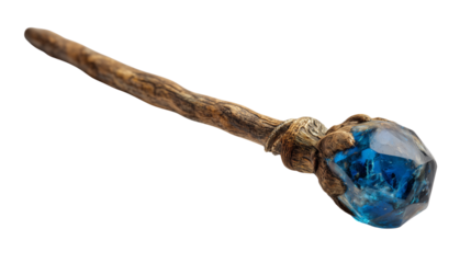 Roleplay and cosplay enchanted staff made of branch-like wood and blue stone for magical character props on transparent background