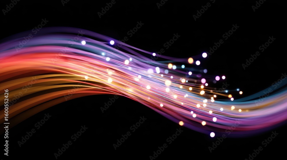 Poster abstract wave of glowing vibrant light streams with glittering particles on black background. dynami