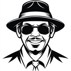 Stylish gangster smiles wearing a fedora hat and sunglasses in a portrait
