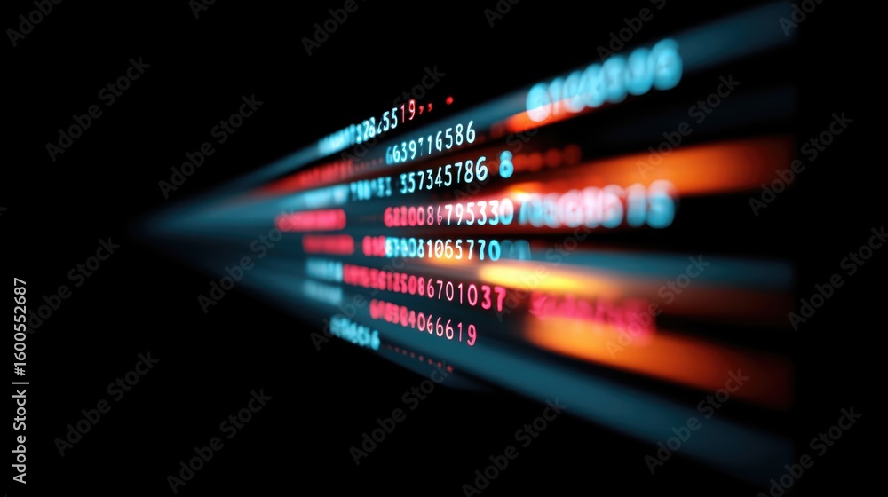 Poster abstract technology background with glowing blue and orange data stream moving at high speed on dark