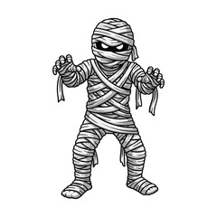 Mummy, Halloween zombie costume. Scary Helloween character disguised in bandages, walking. Creepy spooky haunted man, October party masquerade. Flat vector illustration isolated on white background