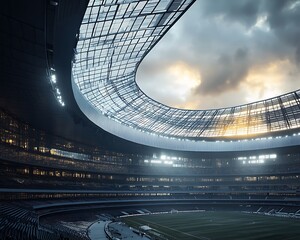 Massive urban stadium with layered metal textures and skylight roofing at dusk