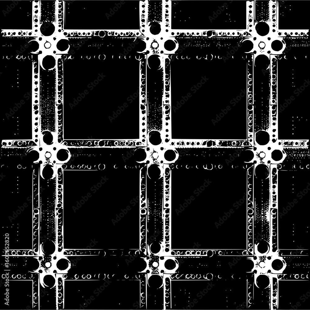 Leinwandbilder Black and white grid pattern formed by interconnected bars and circular elements creating a lattice design
