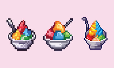 Pixel Art Rainbow Shaved Ice Dessert Set. A collection of three detailed pixel art illustrations featuring colorful rainbow shaved ice.