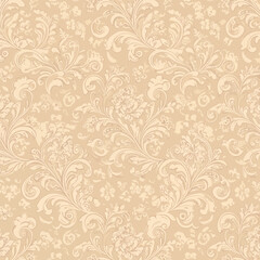 Elegant seamless beige floral pattern featuring stylized leaves, swirls, and delicate blossoms.