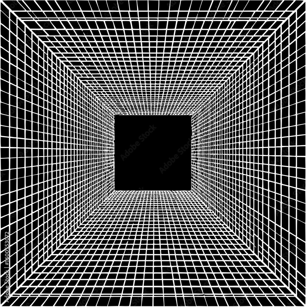 Aufkleber perspective view of a white grid tunnel leading to a black square opening at the end point of view i