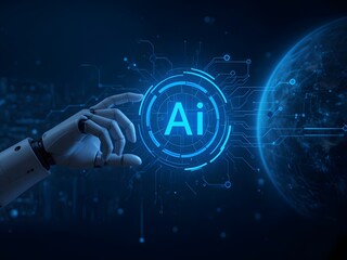 Futuristic AI interface with robot hand touching innovative technology over Earth for a modern, connected world