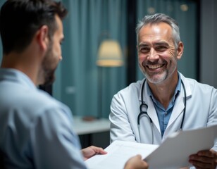 Cheerful optimistic doctor giving consultation to patient talking to man smiling telling good news after checkup explaining treatment therapy details holding paper documents records  capture su