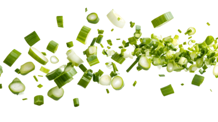 An assortment of freshly chopped green vegetables including onions garlic herbs and other flavorful ingredients for cooking and meal prepa n